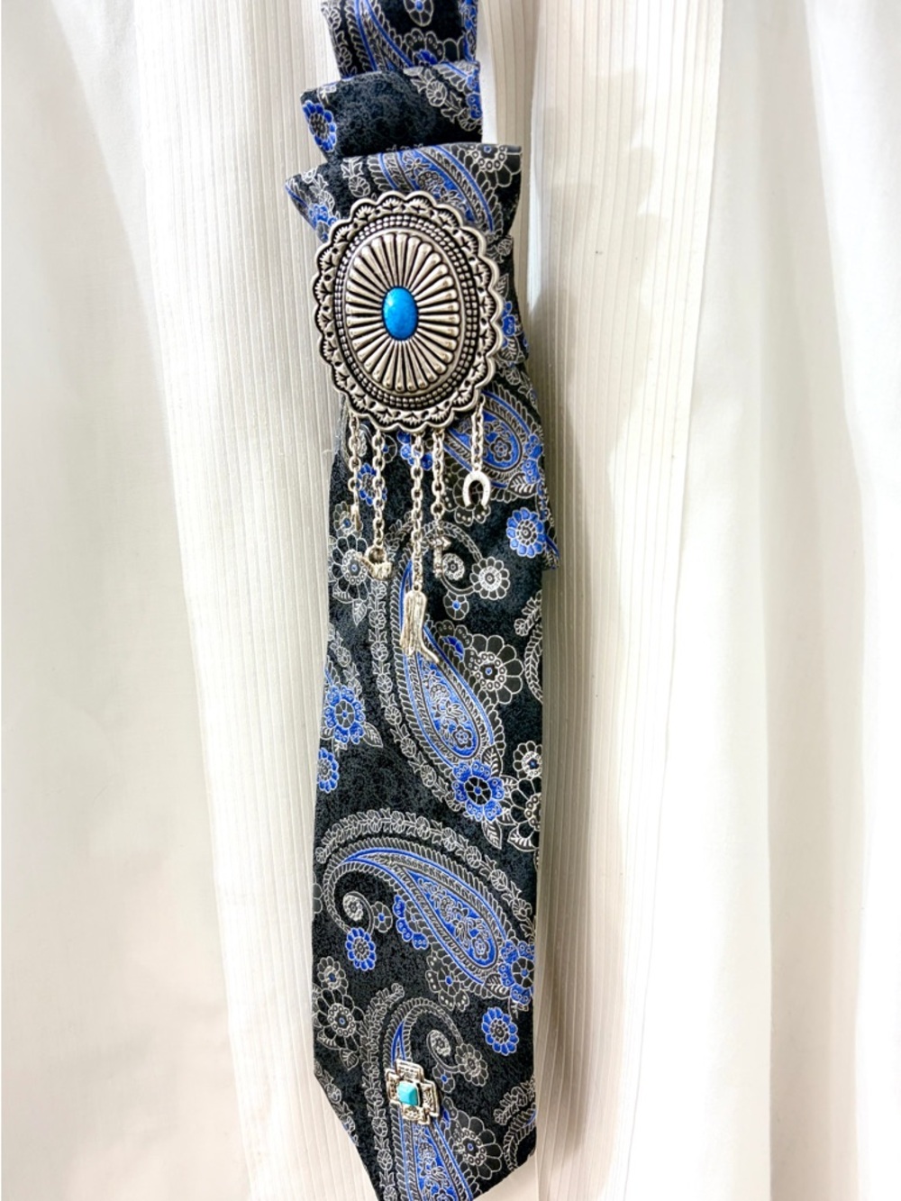 Blue Paisley Tie Necklace Accessory with Silver Concho Western Unique Upcycled - Picture 3 of 5